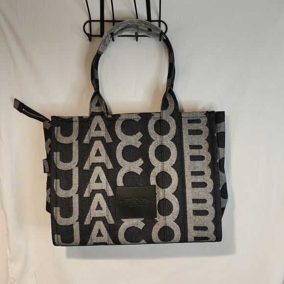 Marc Jacobs Womens The Monogram Denim Large Shoulder Tote Bag Purse Blue Gray - Picture 12 of 12